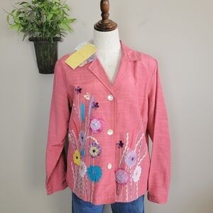 NEW Indigo Moon Pink Floral Applique Embellished Ribbon Sequin Jacket Blazer L